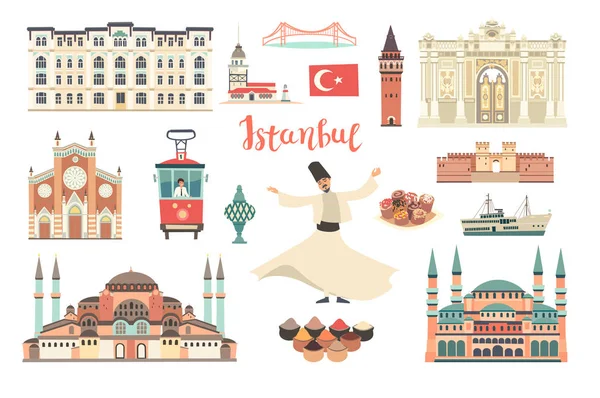 Istanbul City Colorful Vector Collection Istanbul Building Landmarks Mosque Temple — Stock Vector