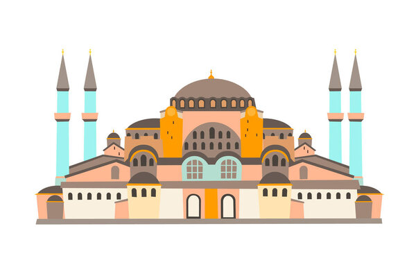 Hagia Sophia Mosque vector illustration, isolated on white background. Historic building in Istanbul Turkey. Flat cartoon style