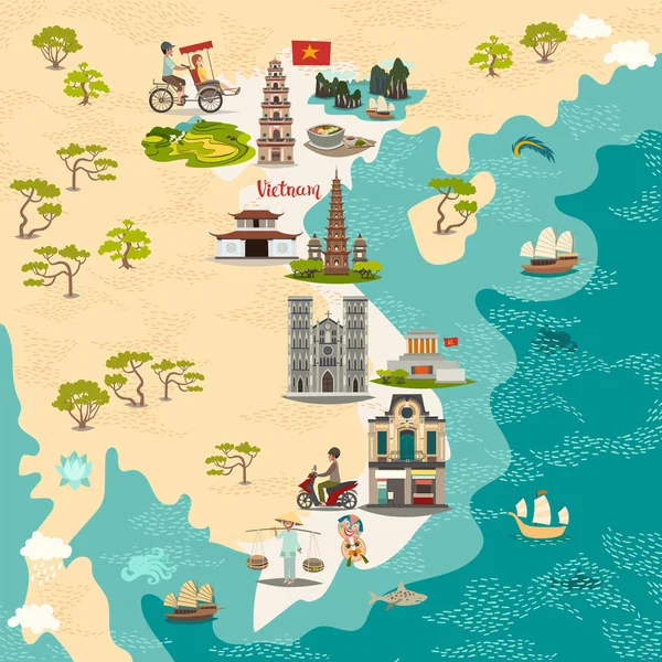 Vietnam soyut harita, elle çizilmiş vektör çizim. Vietnam illüstrasyon simge simgeler ile seyahat. Çocuklar, sanat seyahat kartı, Vietnamca mimarisi için poster