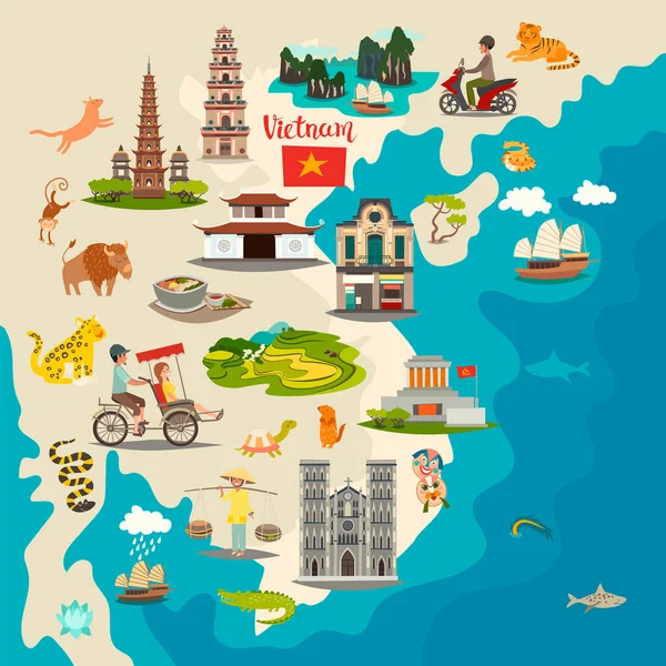 Vietnam Abstrakte Karte Mit Fahne Handgezeichnete Vektorillustration Reisen Und Touristenattraktion — Stockvektor