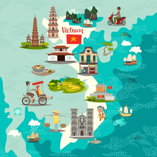 Vietnam soyut harita, elle çizilmiş vektör çizim. Vietnam illüstrasyon simge simgeler ile seyahat. Çocuklar, sanat seyahat kartı, Vietnamca mimarisi için poster