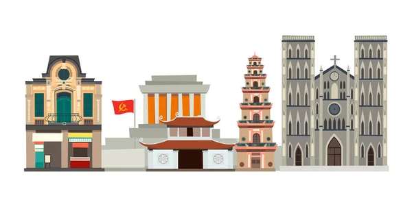 ベトナムのスカイラインベクトル図 漫画風のフロントハウス パゴダ マヴソレウムを備えた抽象的な通り 白い背景に隔離 — ストックベクタ