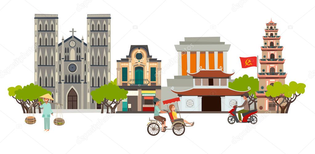 Vietnam city skyline vector art. Abstract street with Pagoda and Church, traditional house. People on motorbike and asian woman. Travel and tourist attraction. Isolated on white background