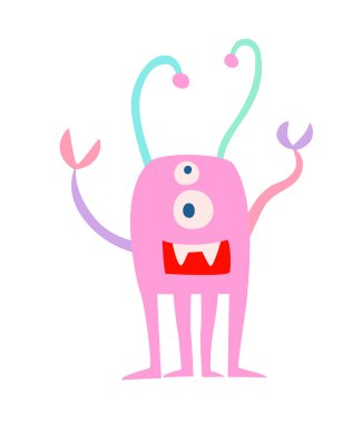 Fantastik komik canavar vektör illüstrasyon. Beyaz arka planda izole alien karikatür tarzı simgesi