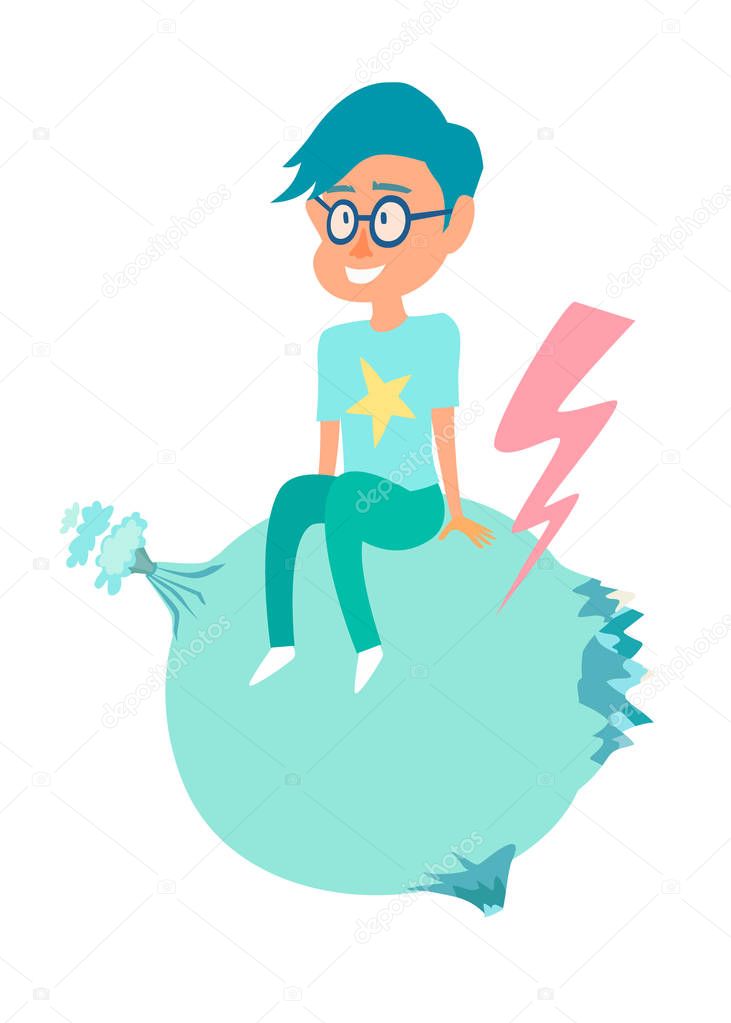 Little boy on the small planet vector illustration. Happy kid and volcanos, flat cartoon style. Space icon isolated on white background