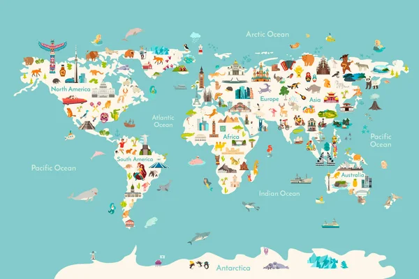 Ilustración Del Vector Del Mapa Mundial Lugares Interés Vista Animales — Vector de stock