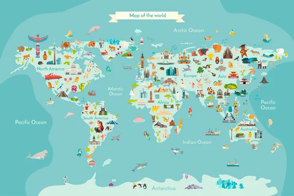 地标世界地图矢量卡通画 世界儿童病媒海报 有可爱的插图 — 图库矢量图片