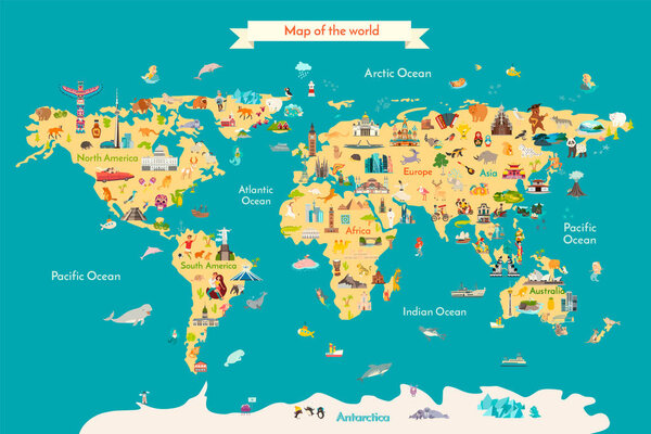 World map vector illustration with landmarks. Travel map with landmarks, animals and sight of country. 