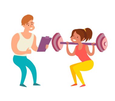 Dambılı ve koçu olan kadın. Kilo kaybı sağlıklı yaşam tarzı konsepti. Spor salonundaki antrenör. Beyaz arkaplanda izole vektör illüstrasyonu