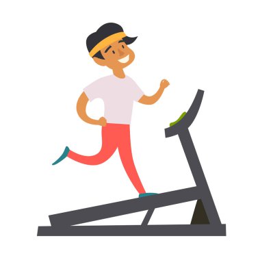 Koşu bandında koşan genç bir adam. Spor salonunda kardiyo. Mutlu sporcu çocuk çizgi film karakteri tarzı. Beyaz arkaplanda izole vektör illüstrasyonu