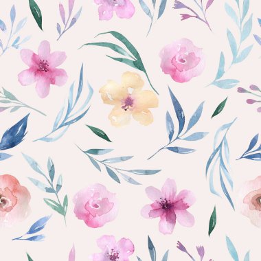 Çiçek desenli pembe çiçekler ve boho tarzı yeşil yaprakları ile