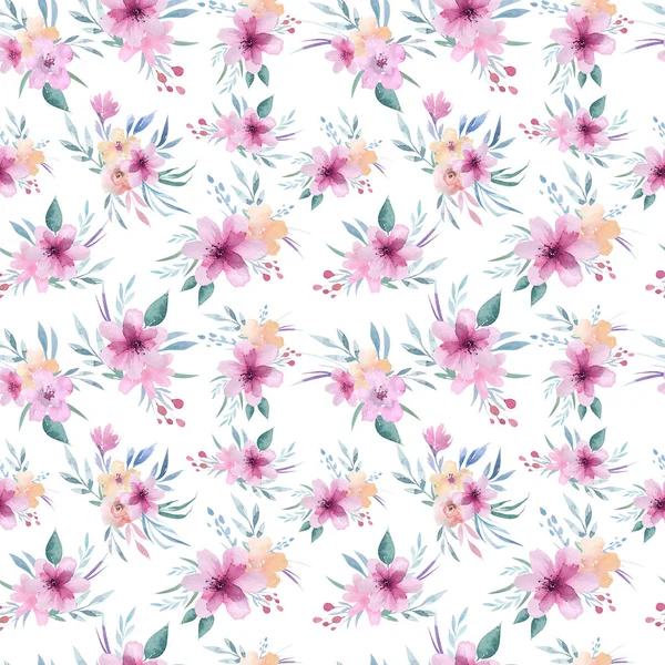 Floral Pattern Pink Flowers Green Leaves Boho Style — Stock Photo, Image