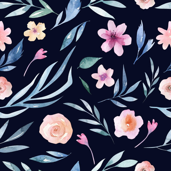 Цветочный узор с розовыми цветами и зелеными листьями в стиле бохо
