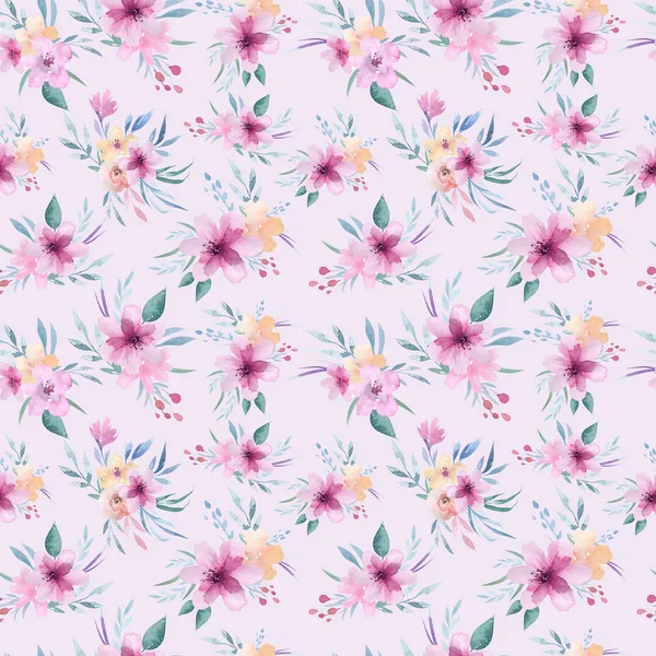 波西米亚风格的粉红色花和绿叶花图案 — 图库照片