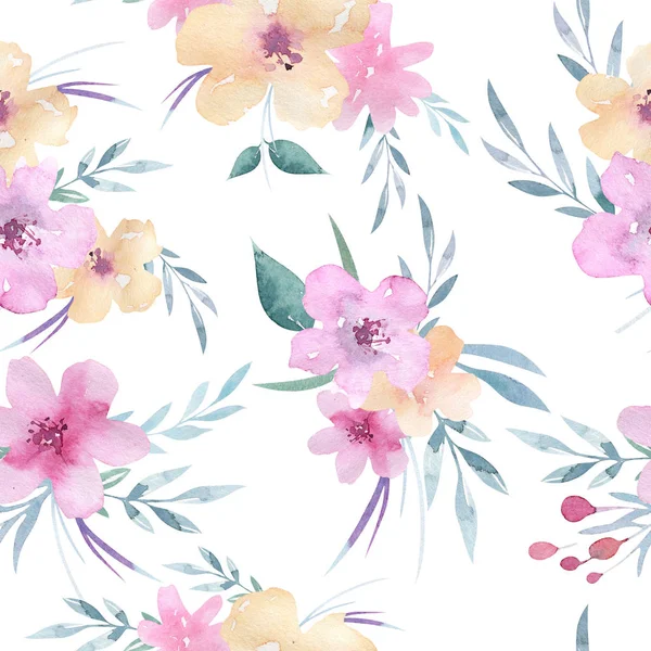 自由奔放に生きるスタイルの緑の葉とピンクの花の花のパターン — ストック写真