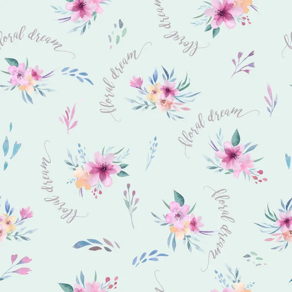 Nahtloses Muster Mit Rosa Blüten Und Schriftzug — Stockfoto
