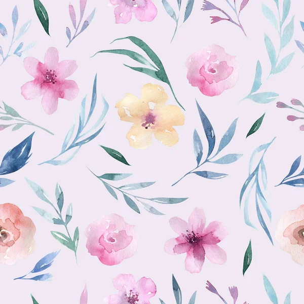 Floral Pattern Pink Flowers Green Leaves Boho Style — Stock Photo, Image