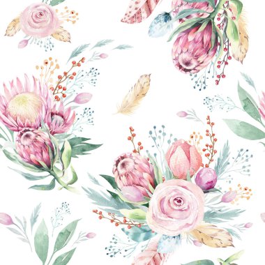 Protea gülü, yaprakları, dalları ve çiçekleri olan dikişsiz suluboya desenler. Bohem altın rengi pembe desenli prorea. Tebrik kartı için arkaplan.