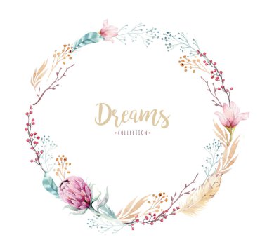 El çizim izole suluboya çiçek illüstrasyon protea ile gül, yapraklar, dallar ve çiçekler. Bohem altın kristal çerçeve. Düğün kartı tebrik kiþiselleþtirmek için.