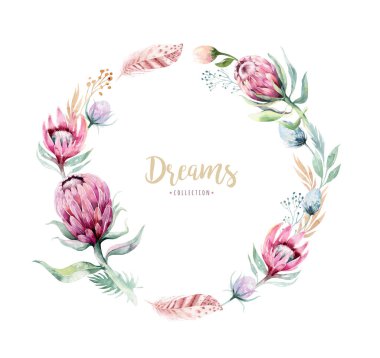 El çizim izole suluboya çiçek illüstrasyon protea ile gül, yapraklar, dallar ve çiçekler. Bohem altın kristal çerçeve. Düğün kartı tebrik kiþiselleþtirmek için.