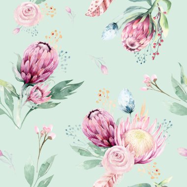 Protea gülü, yaprakları, dalları ve çiçekleri olan dikişsiz suluboya desenler. Bohem altın rengi pembe desenli prorea. Tebrik kartı için arkaplan.