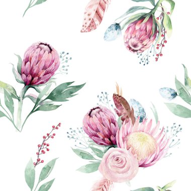 Protea gülü, yaprakları, dalları ve çiçekleri olan dikişsiz suluboya desenler. Bohem altın rengi pembe desenli prorea. Tebrik kartı için arkaplan.