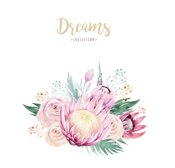 Hand drawing isolated watercolor floral illustration with protea rose, leaves, branches and flowers. Bohemian gold crystal frame. Elements for greeting wedding card.