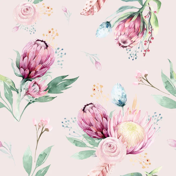 Kézi Rajz Zökkenőmentes Akvarell Virágos Minták Protea Rózsa Levelek Ágak — Stock Fotó