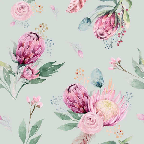 手绘天衣无缝的水彩花图案 配以月桂花 枝条和花朵 波希米亚金粉色图案的脯氨酸 贺卡的背景 — 图库照片