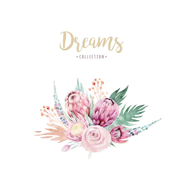 Hand Tekenen Geïsoleerde Aquarel Bloemen Illustratie Met Protea Steeg Bladeren — Stockfoto