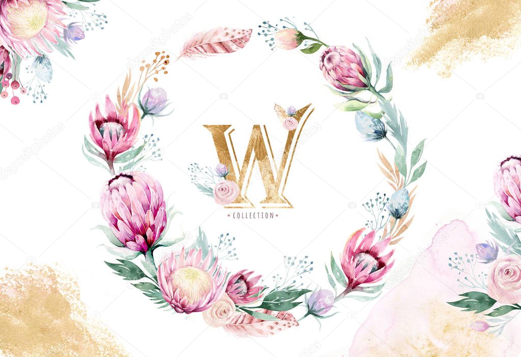 Hand drawing isolated watercolor floral illustration with protea rose, leaves, branches and flowers. Bohemian gold crystal frame. Elements for greeting wedding card.