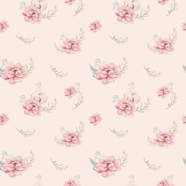 Pamuk ile suluboya sorunsuz çiçek desenli. Bohem doğal desenler: yaprakları, tüyler, çiçekler, izole beyaz arka plan üzerinde. Sanatsal dekorasyon illüstrasyon. Tekstil tasarımı