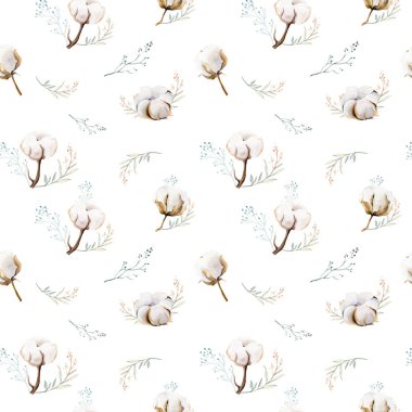 Pamuk ile suluboya sorunsuz çiçek desenli. Bohem doğal desenler: yaprakları, tüyler, çiçekler, izole beyaz arka plan üzerinde. Sanatsal dekorasyon illüstrasyon. Tekstil tasarımı