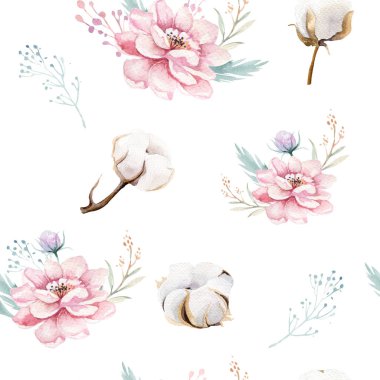 Pamuk ile suluboya sorunsuz çiçek desenli. Bohem doğal desenler: yaprakları, tüyler, çiçekler, izole beyaz arka plan üzerinde. Sanatsal dekorasyon illüstrasyon. Tekstil tasarımı