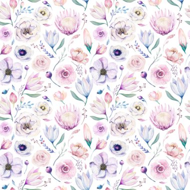 Sorunsuz bahar lilic suluboya çiçek desenli beyaz zemin üzerinde. Pembe ve gül çiçek, weddind romantik illüstrasyon.