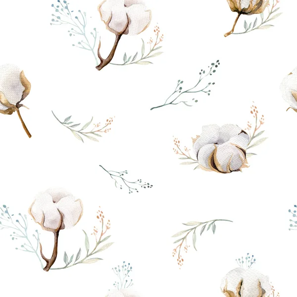 水彩のシームレス花柄の綿で 自由奔放な自然なパターン 白い背景で隔離 芸術的な装飾の図 テキスタイル デザイン — ストック写真