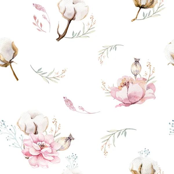 Watercolor Seamless Floral Pattern Cotton Bohemian Natural Patterns Leaves Feathers — Stock Photo, Image
