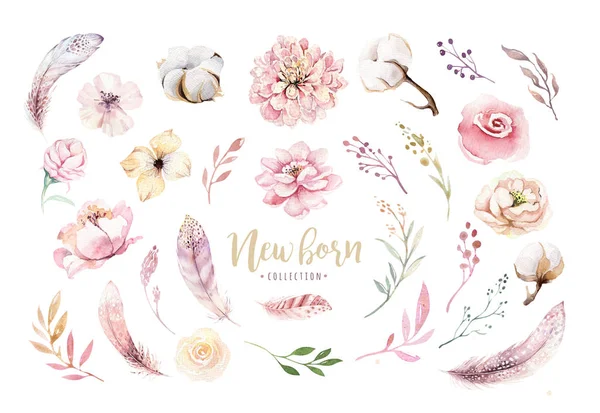 Aquarel Boho Bloemenkrans Boheemse Natuurlijke Frame Bladeren Veren Bloemen Geïsoleerd — Stockfoto