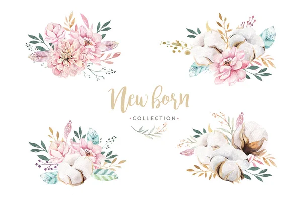 Aquarell Boho Blumenkranz Vorhanden Bohemian Natürlichen Rahmen Blätter Federn Blumen — Stockfoto