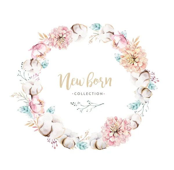 Watercolor Boho Floral Wreath Bohemian Natural Frame Leaves Feathers Flowers — Stock Photo, Image