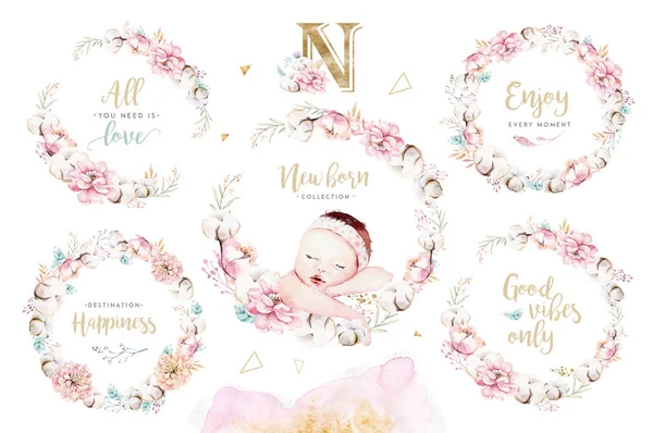 Cute Newborn Watercolor Baby New Born Child Illustration Girl Boy — Stock Photo, Image