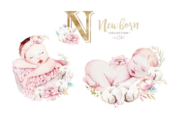Cute Newborn Watercolor Baby New Born Child Illustration Girl Boy — Stock Photo, Image