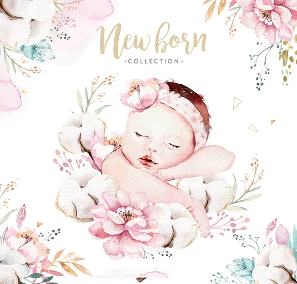 Cute Newborn Watercolor Baby New Born Child Illustration Girl Boy — Stockfoto