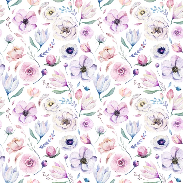 シームレスな春 Lilic 水彩花柄白地に ピンクとバラの花 Weddind ロマンチックなイラスト — ストック写真