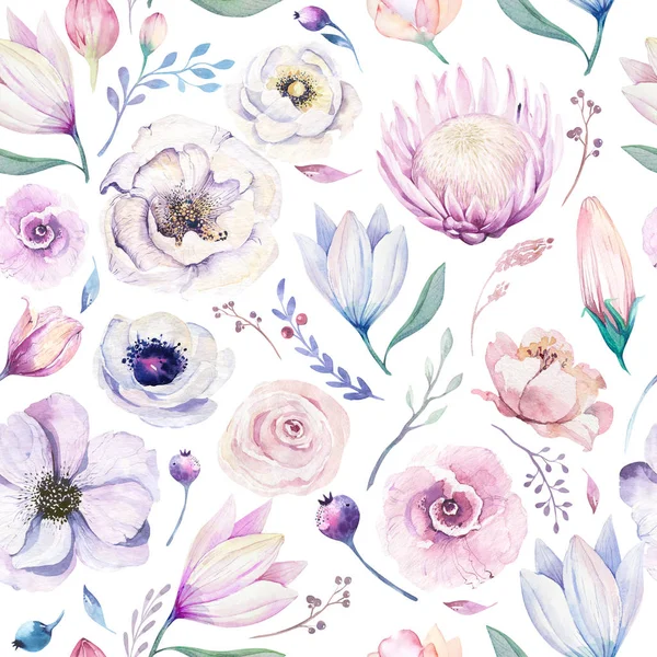 Seamless Spring Lilic Watercolor Floral Pattern White Background Pink Rose — Stock Photo, Image