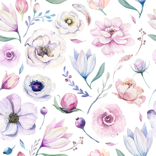 Varrat Nélküli Tavaszi Lilic Akvarell Virágmintás Fehér Alapon Rózsaszín Rózsa — Stock Fotó