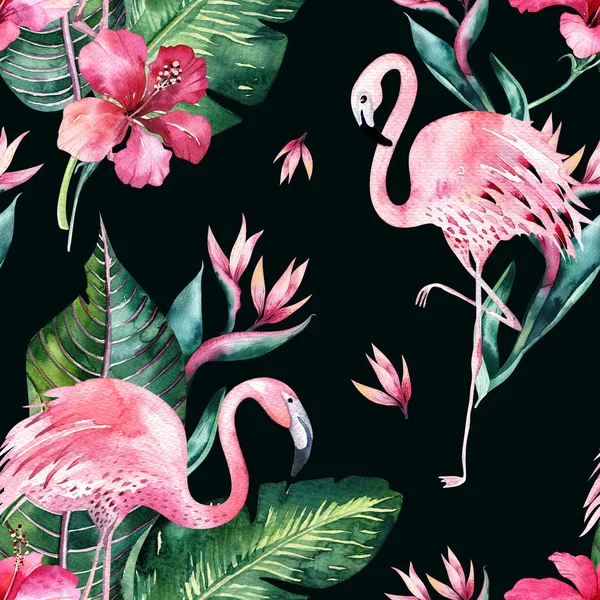 Tropical seamless floral summer pattern background with tropical palm leaves, pink flamingo bird, exotic hibiscus. Perfect for wallpapers, textile design, fabric print.