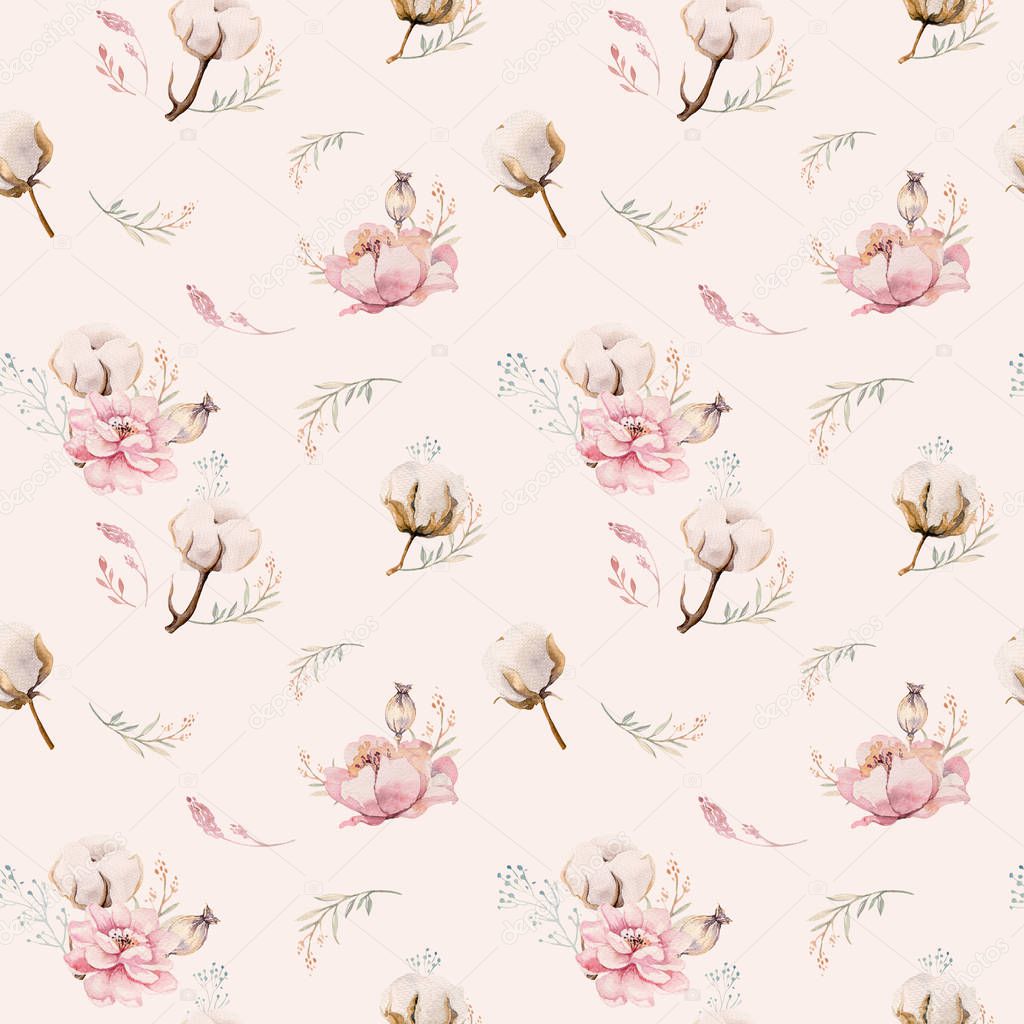 Watercolor seamless floral pattern with cotton. Bohemian natural patterns: leaves, feathers, flowers, Isolated on white background. Artistic decoration illustration. Textile design