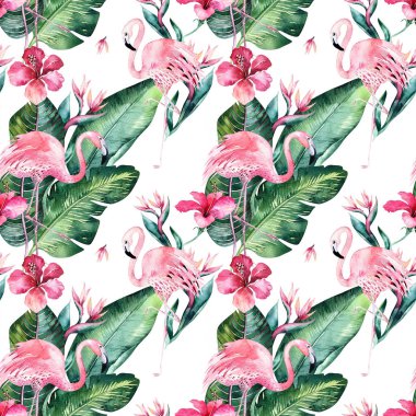 Tropikal sorunsuz çiçek yaz desen arka plan ile tropikal palmiye yaprakları, pembe flamingo kuşu, egzotik hibiscus. Duvar kağıtları, tekstil tasarımı, kumaş baskı için mükemmel.