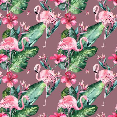 Tropikal sorunsuz çiçek yaz desen arka plan ile tropikal palmiye yaprakları, pembe flamingo kuşu, egzotik hibiscus. Duvar kağıtları, tekstil tasarımı, kumaş baskı için mükemmel.